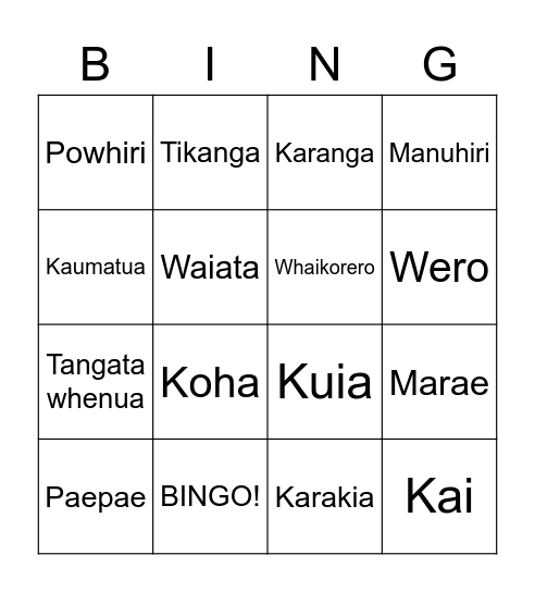 Kupu Bingo Card