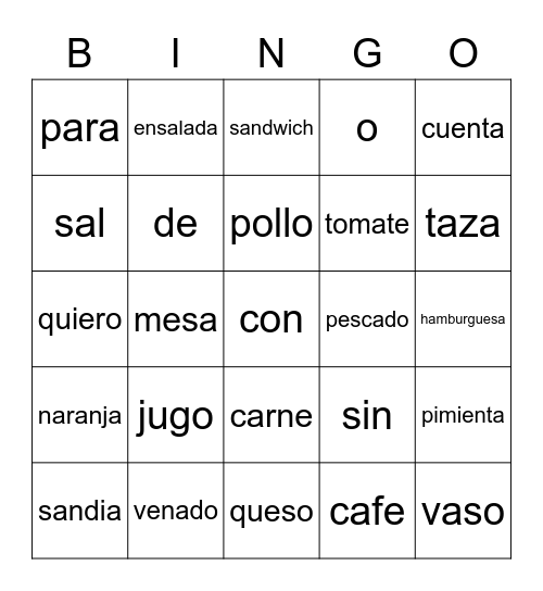 Duolingo Restaurant Bingo Card
