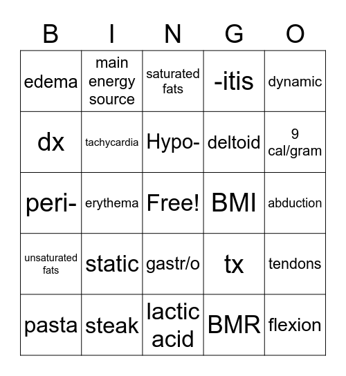 Ex Phys Bingo Card