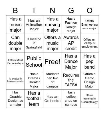 College Fair Bingo Card