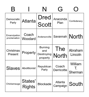 Civil War Bingo Card