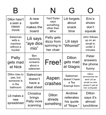 Sales Coordination 11/1 Bingo Card