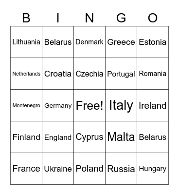 European Countries Bingo Card