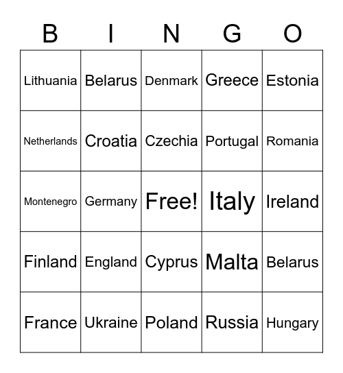 European Countries Bingo Card