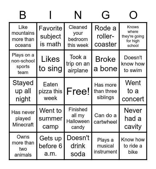 Classroom Bingo Card