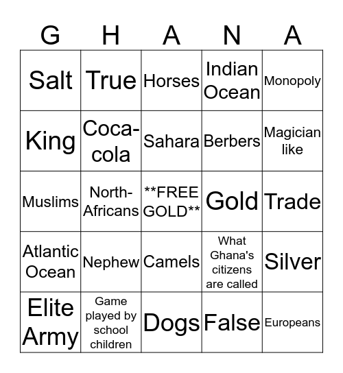 Ghanaian Bingo Card