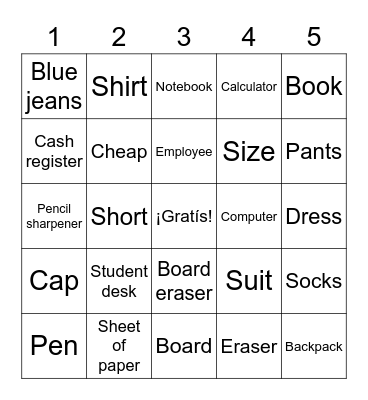 School, Clothing, Activities Bingo Card