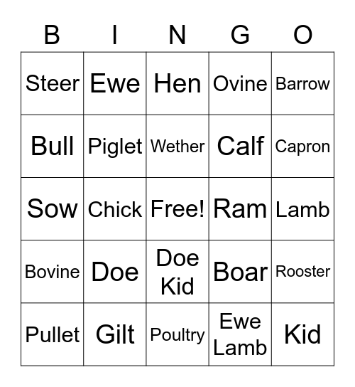 Livestock Terminology Bingo Card