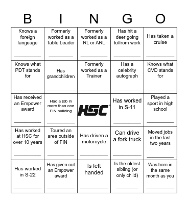 HSC Room Leader & Trainer Bingo Card