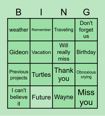 Heather's Going Away Bingo Card