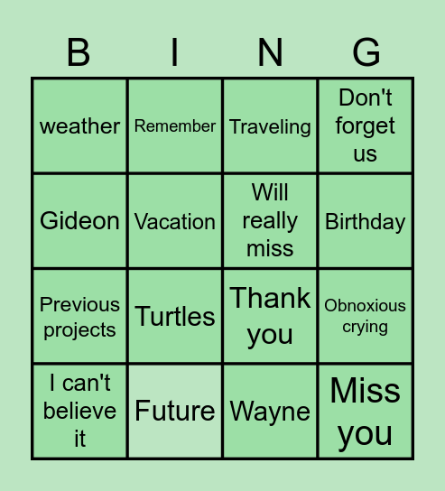 Heather's Going Away Bingo Card