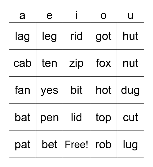 Vowel Bingo Card