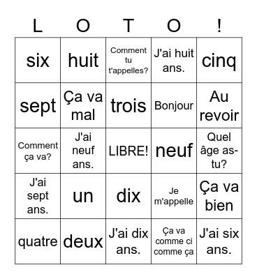 French Numbers & Greetings Bingo Card