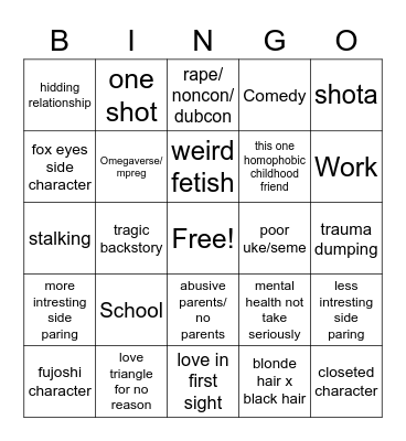 Yaoi Bingo Card