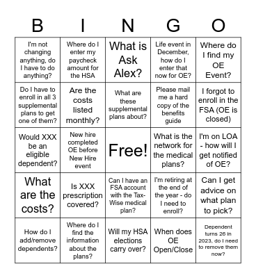 Open Enrollment Bingo Card