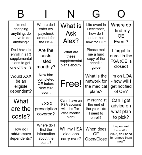 Open Enrollment Bingo Card