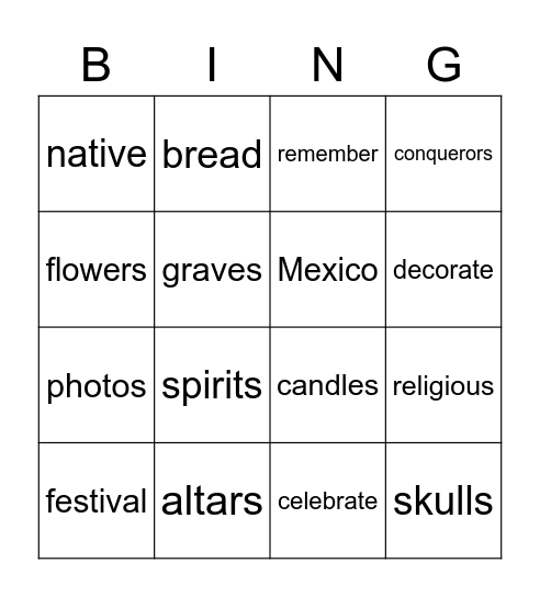 Dia de los Muertos Bingo Card