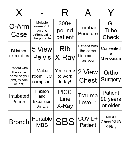 Rad Tech Week Bingo Card