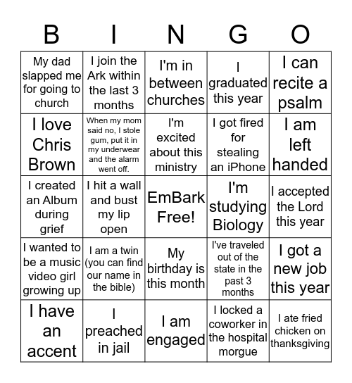 EmBark Bingo Card