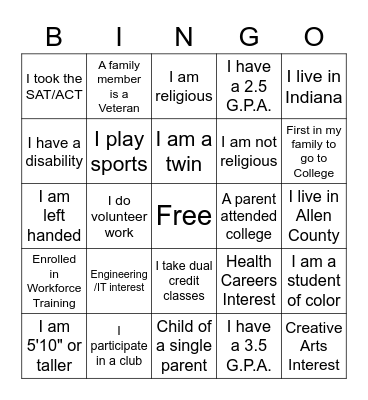 Scholarship Bingo Card