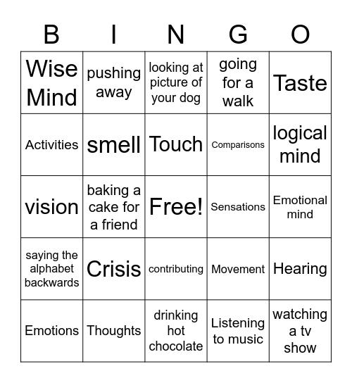 Wise Mind ACCEPTS and Self Soothe Bingo Card