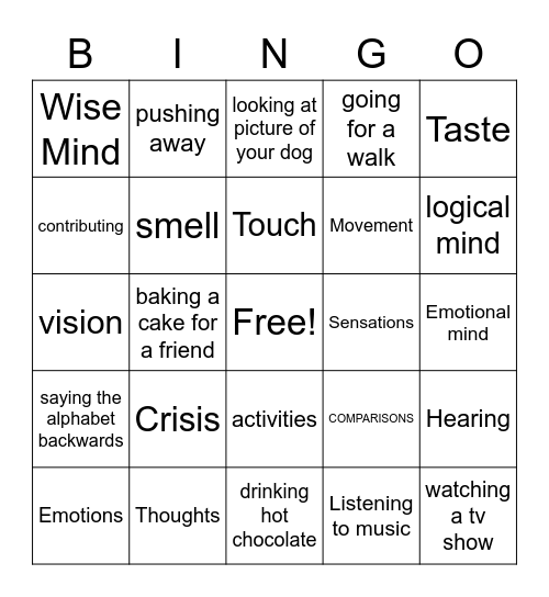 Wise Mind ACCEPTS and Self Soothe Bingo Card