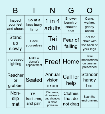 Fall prevention Bingo Card