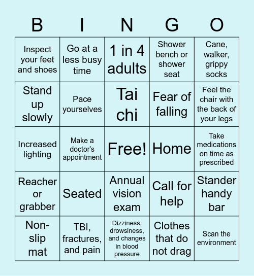 Fall prevention Bingo Card