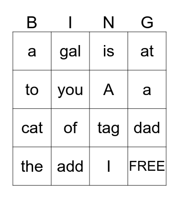 WOW Word Bingo Card
