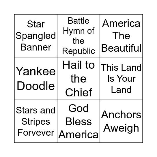 Patriotic Songs Bingo Card