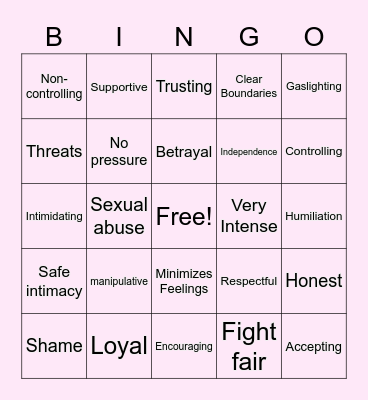 Healthy Relationships Bingo Card