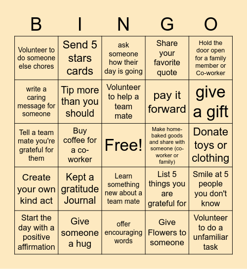 Kindness Bingo Card