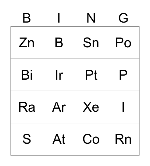 Elements Bingo Card
