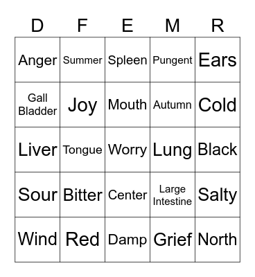 TCM Bingo - Five Element Chart Bingo Card