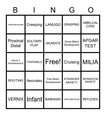 Neonates and Infants Bingo Card