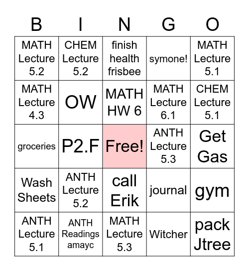 Productivity Bingo Week 6 Bingo Card