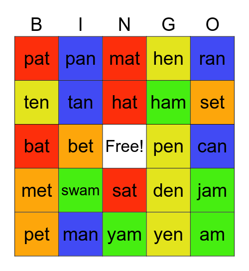 Word family Bingo Card