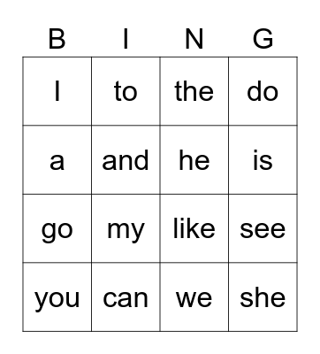 Sight words Bingo Card