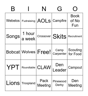 Cub Scout Committee Meeting Bingo Card