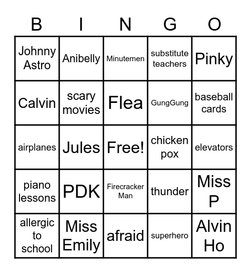 Alvin Ho BINGO Card