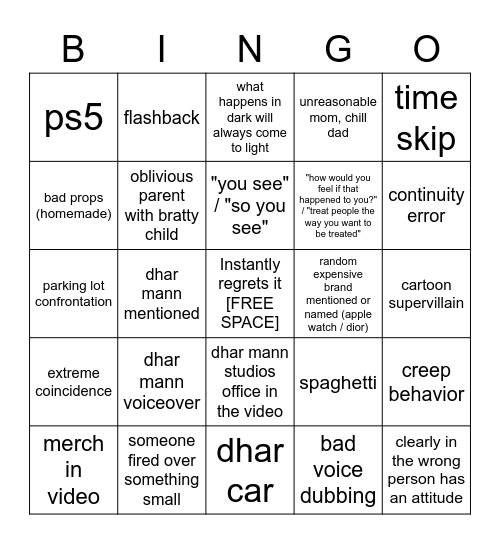 Dhar Mann Bingo Miss A Bingo Card