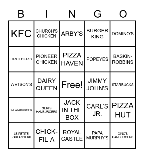 25 - FAST FOOD LOGOS Bingo Card