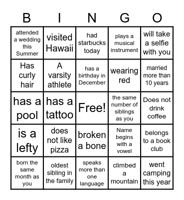 Find a person who satisfies each block's statement. Write their name in the Bingo block. When you fill you entire card, yell Bingo! Bingo Card