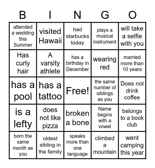 Find a person who satisfies each block's statement. Write their name in the Bingo block. When you fill you entire card, yell Bingo! Bingo Card