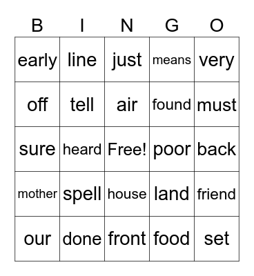 Sight Words Bingo Card