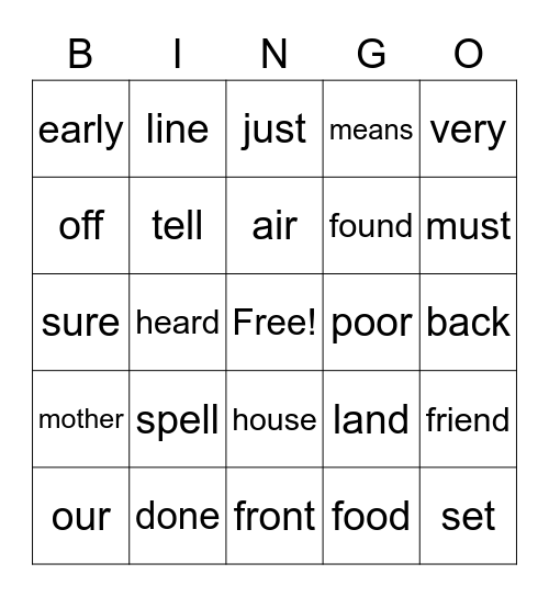 Sight Words Bingo Card