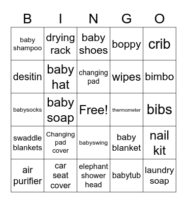 Baby shower Bingo Card