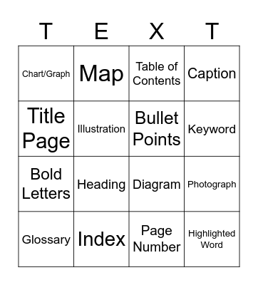 Text Features Bingo Card