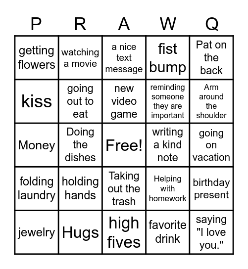 Love Language PRAWQ Bingo Card