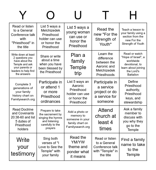 Temple and Priesthood Preparation Bingo Card